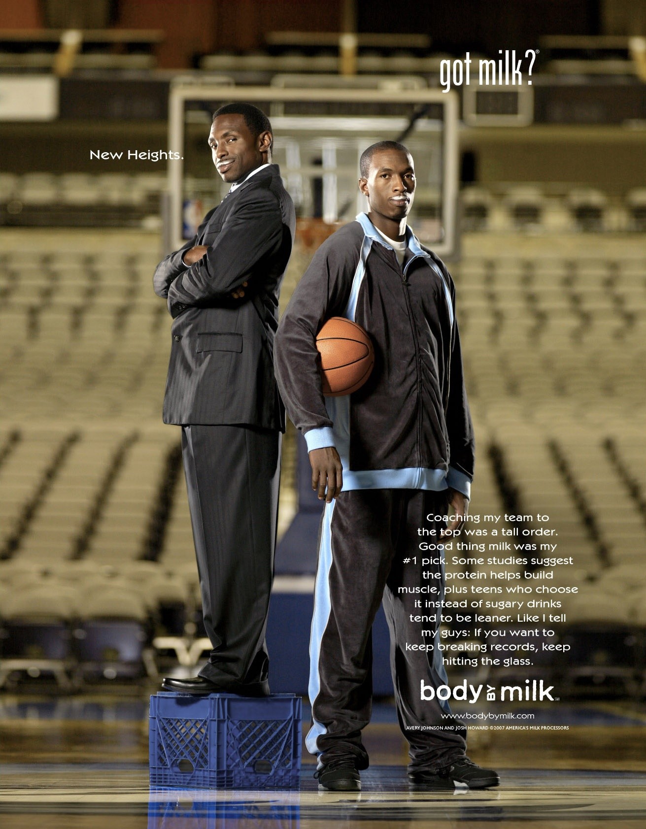 Avery Johnson &amp; Josh Howard — Press-release layout — got milk? top right, body by milk logo and web address under the copy