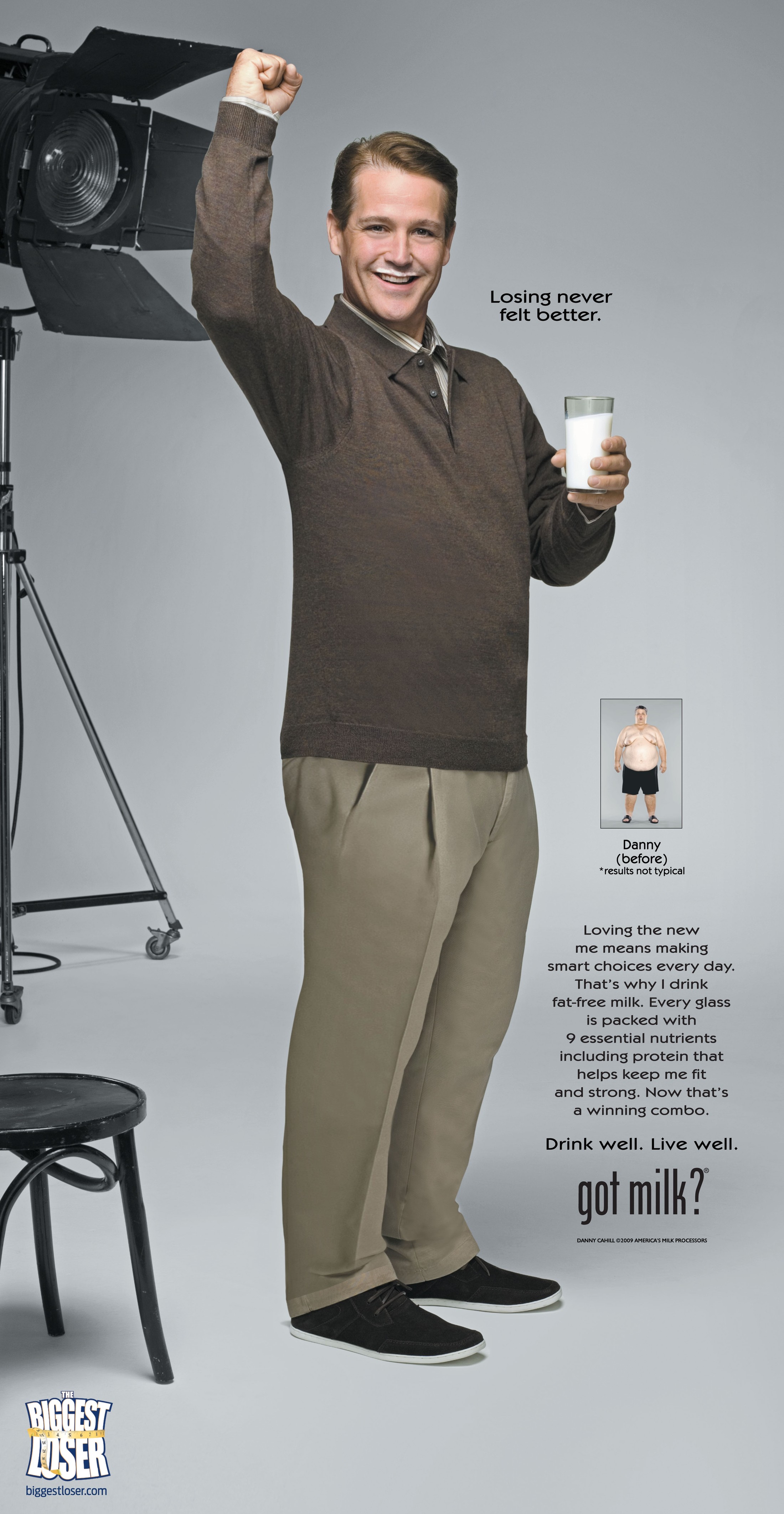 Danny Cahill — Tall newspaper format — “Losing never felt better.” with before photo and Biggest Loser logo