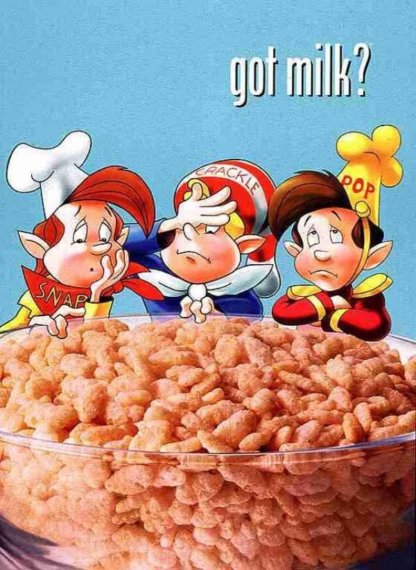 got milk? poster and grocery-cart ad — Snap, Crackle and Pop (California)