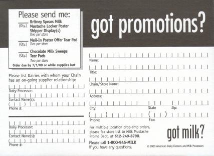 Order card for the Britney Spears locker poster displays (2000)