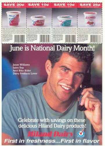 Hiland Dairy — milk-mustache coupon ads (Jason Williams; Justin Stephens)