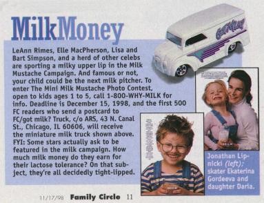 “Milk Money” news item (Mini Milk Mustache Photo Contest and Hot Wheels truck offer)