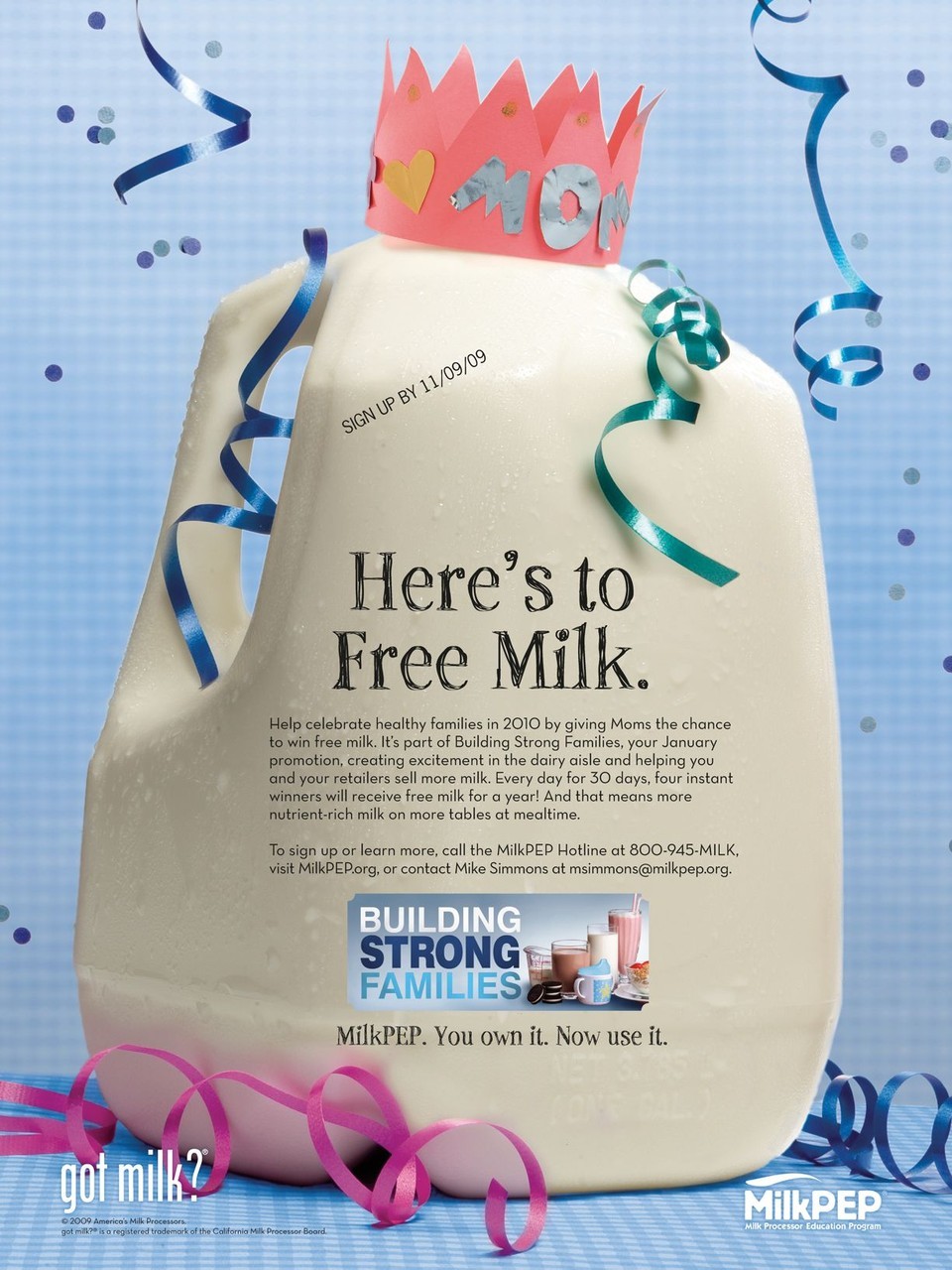 “Here’s to Free Milk.” — Building Strong Families trade ad