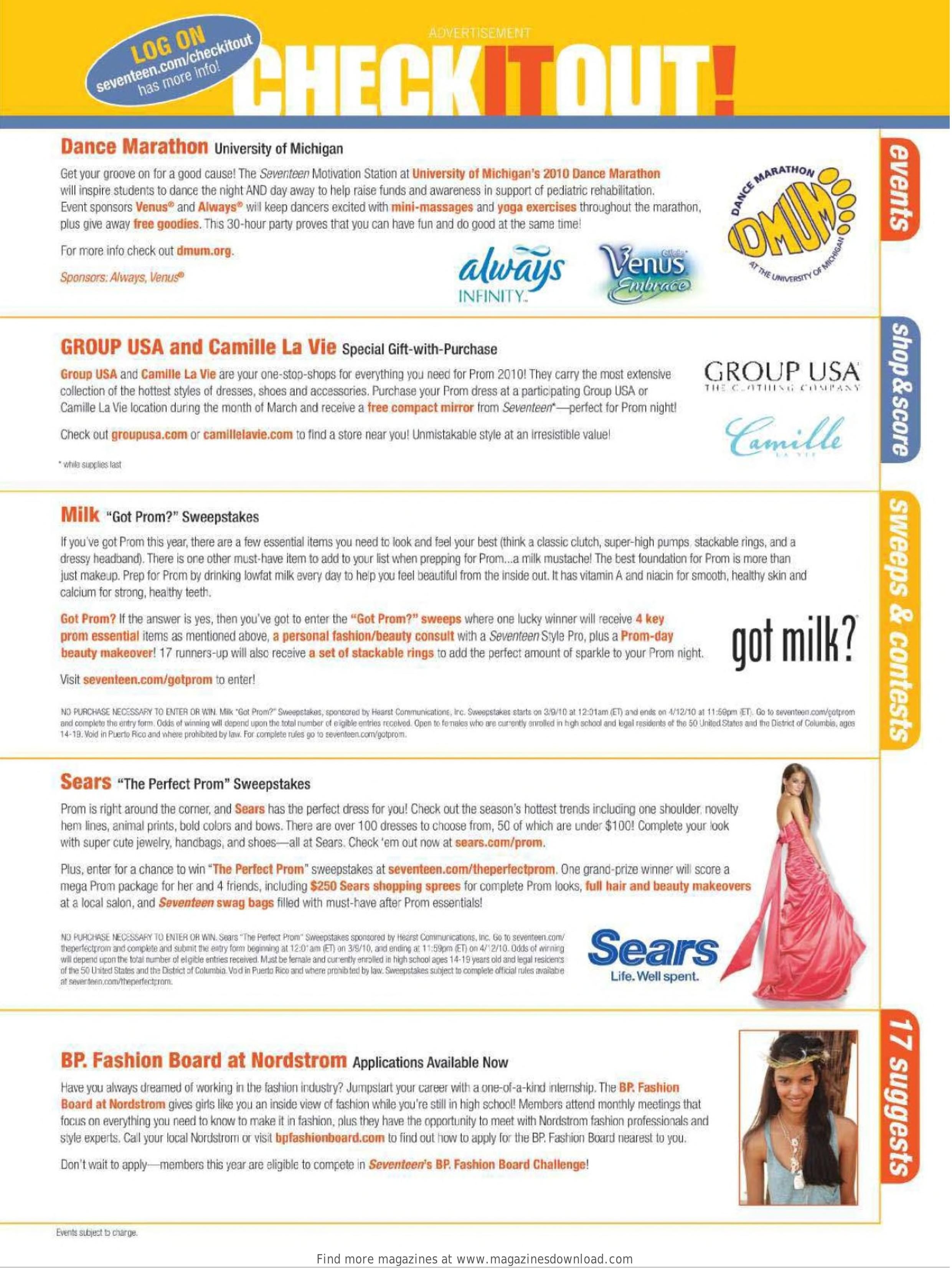 “CHECK IT OUT!” promotions page with the “Milk “Got Prom?” Sweepstakes” block — Seventeen, April 2010