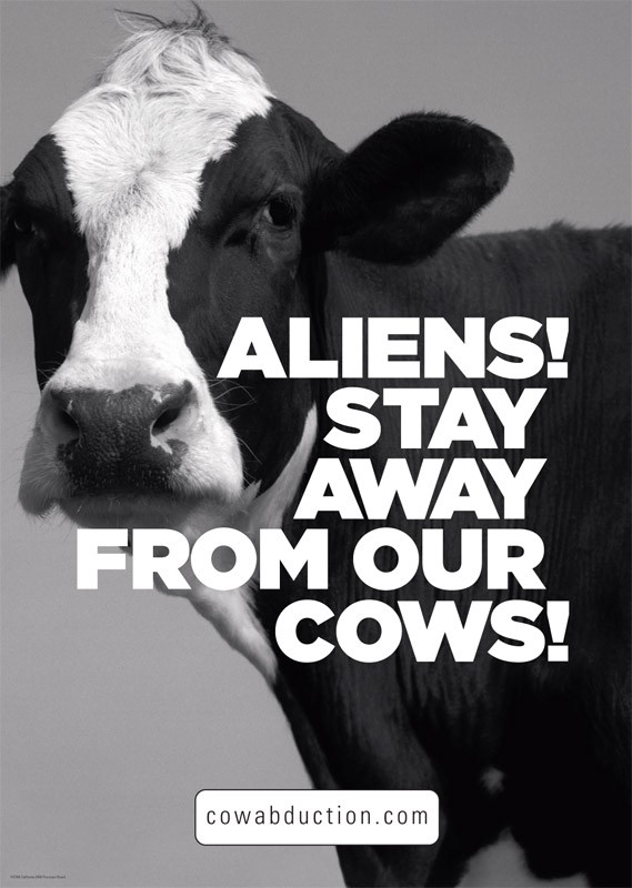 “ALIENS! STAY AWAY FROM OUR COWS!” — cowabduction.com outdoor poster (2006)