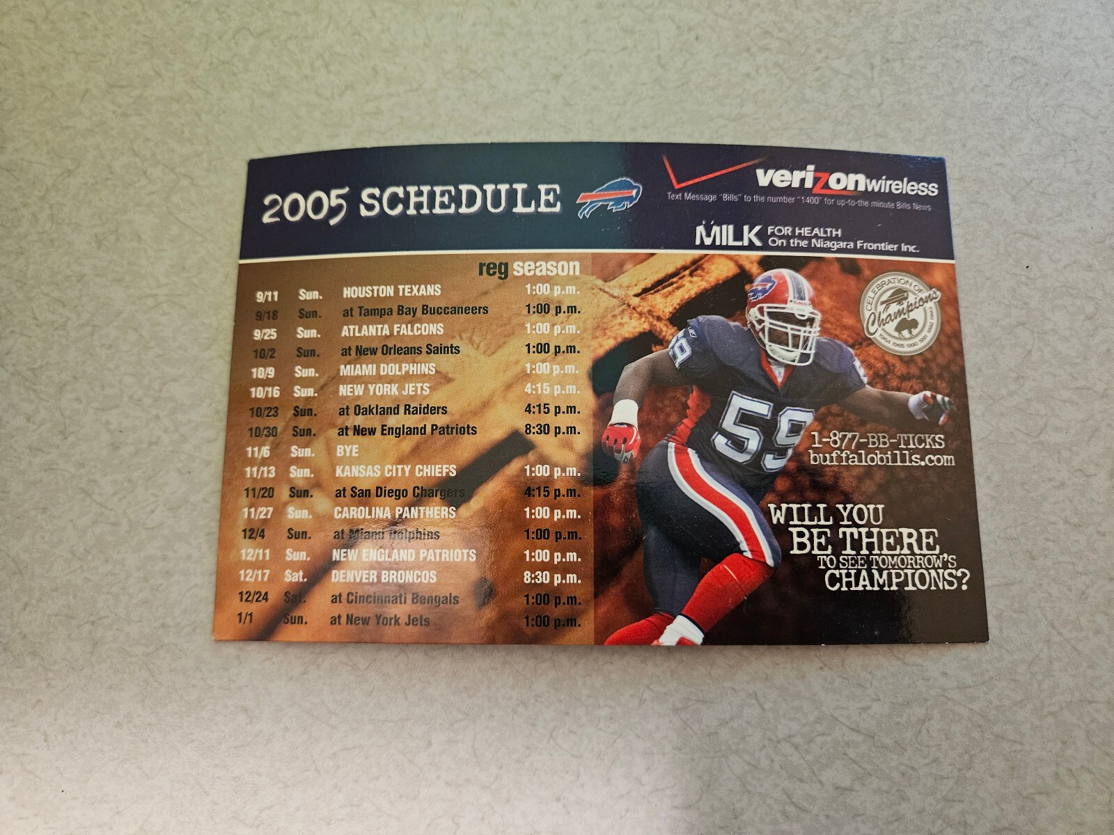 2005 Buffalo Bills schedule magnet with the “Milk for Health on the Niagara Frontier” mark