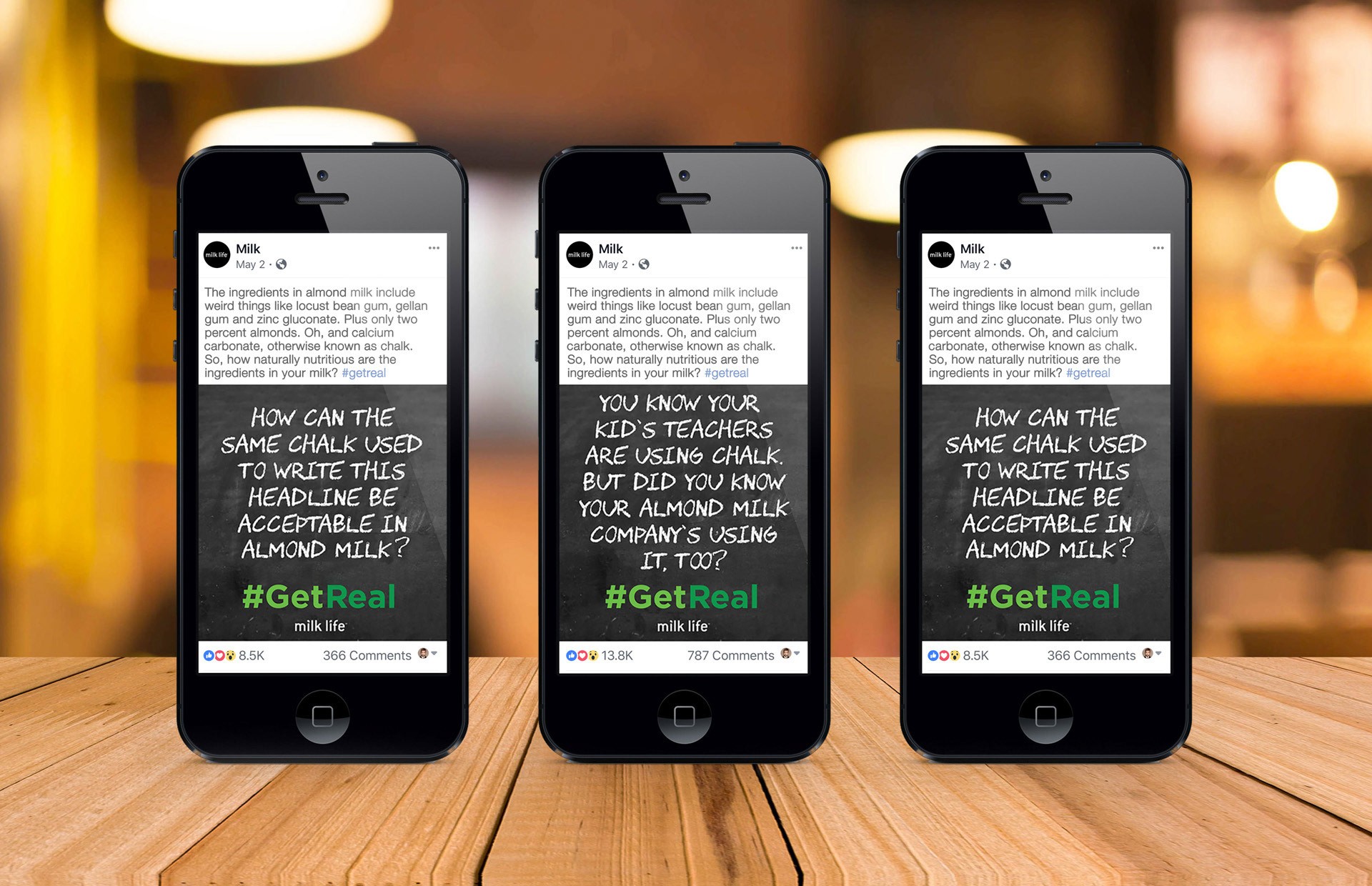 Three chalk-lettered posts shown on phones