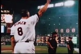 Television still: Ripken waving, “2131” on the warehouse (267 px storyboard frame)