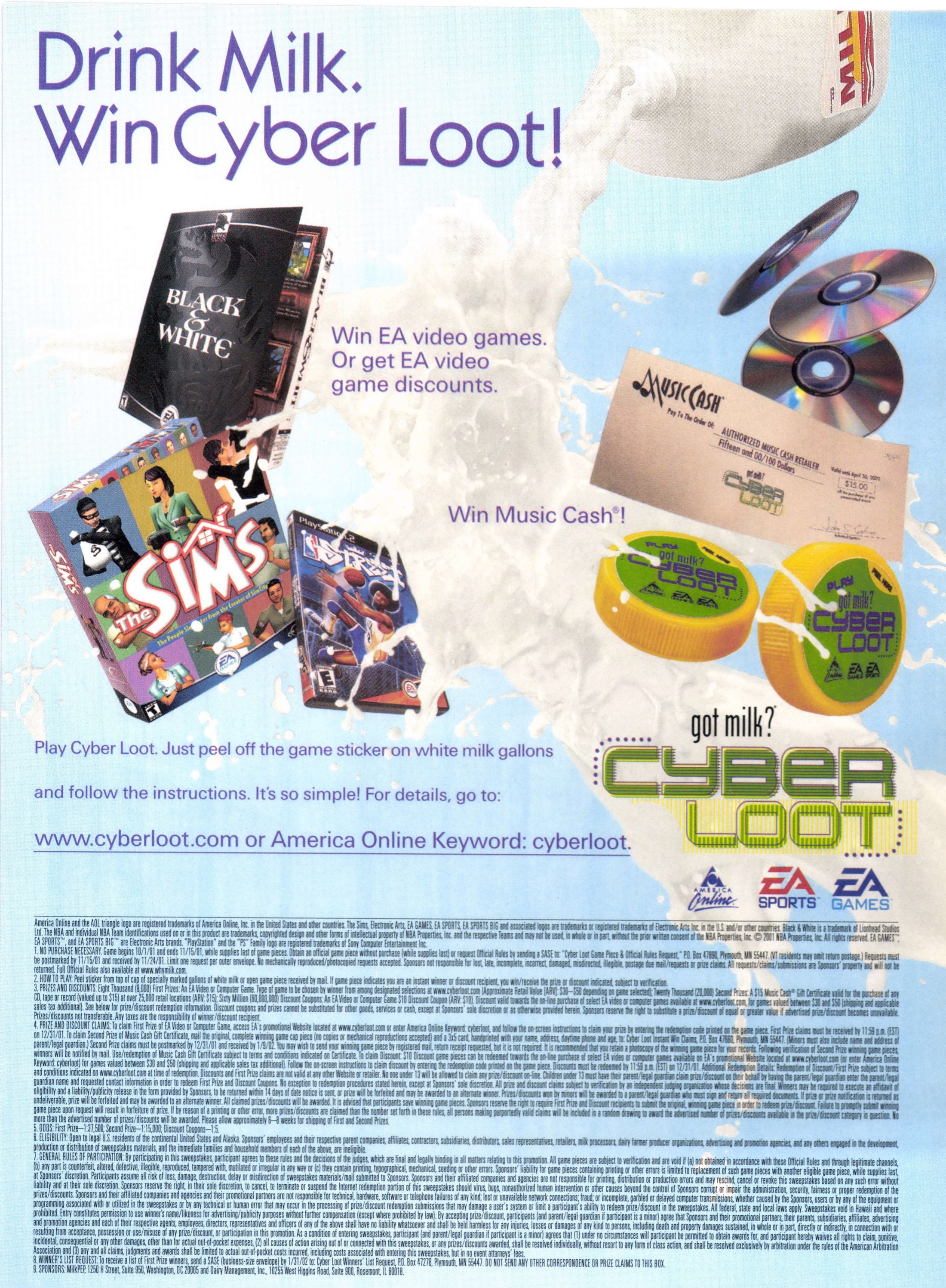 Drink Milk. Win Cyber Loot! - 1/3 page rules — Full-page version with long rules block — Electronic Gaming Monthly, November 2001