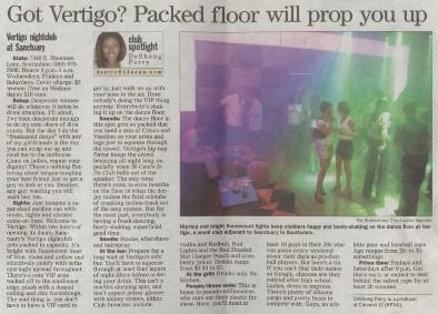 Got Vertigo? Packed floor will prop you up — newspaper "club spotlight" column by DeShong Perry