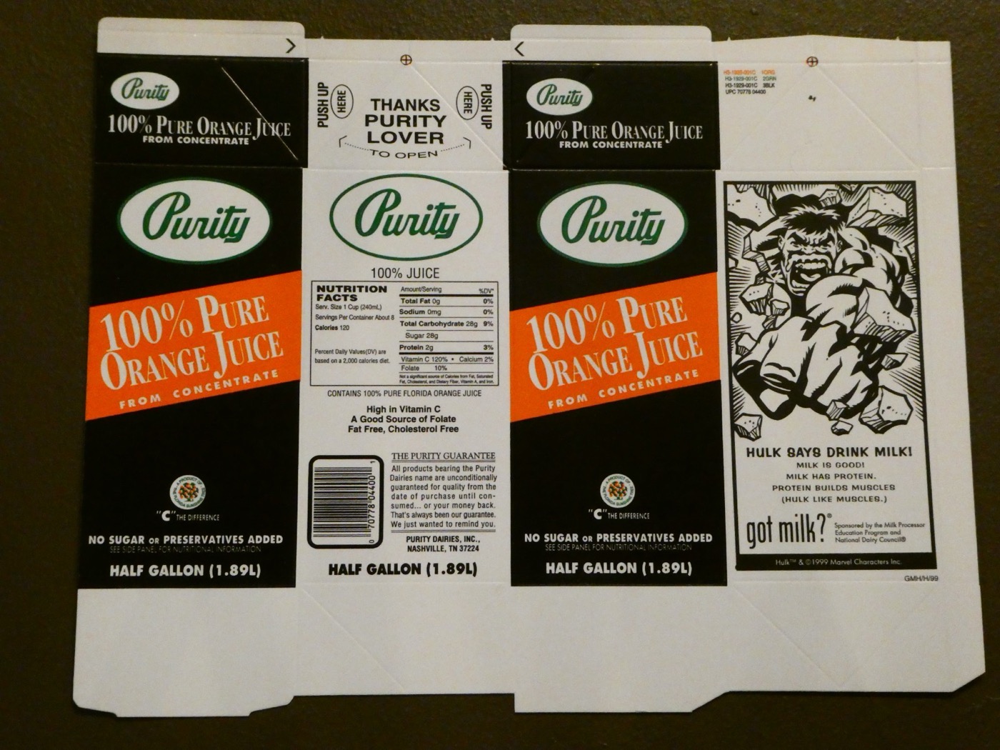 1999 Purity 'The Hulk' got milk? Half-Gallon Carton (Marvel)