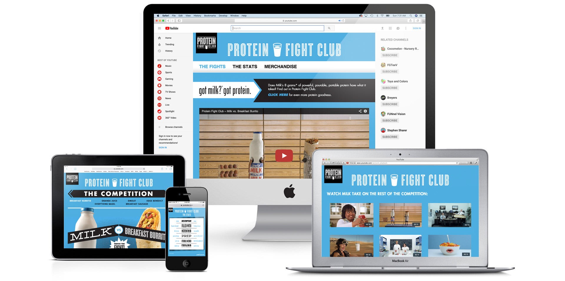The Protein Fight Club site shown on a monitor, laptop, tablet and phone: a YouTube channel page with “THE FIGHTS / THE STATS / MERCHANDISE”, “got milk? got protein.”, a video “Milk vs. Breakfast Burrito”, and a grid headed “WATCH MILK TAKE ON THE REST OF THE COMPETITION”