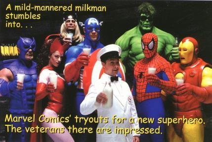 Marvel “mild-mannered milkman” postcard