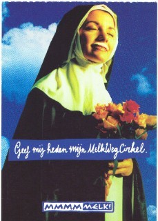 Nun with a milk moustache — “Geef mij heden mijn MelkWegCirkel” postcard (Belgium)