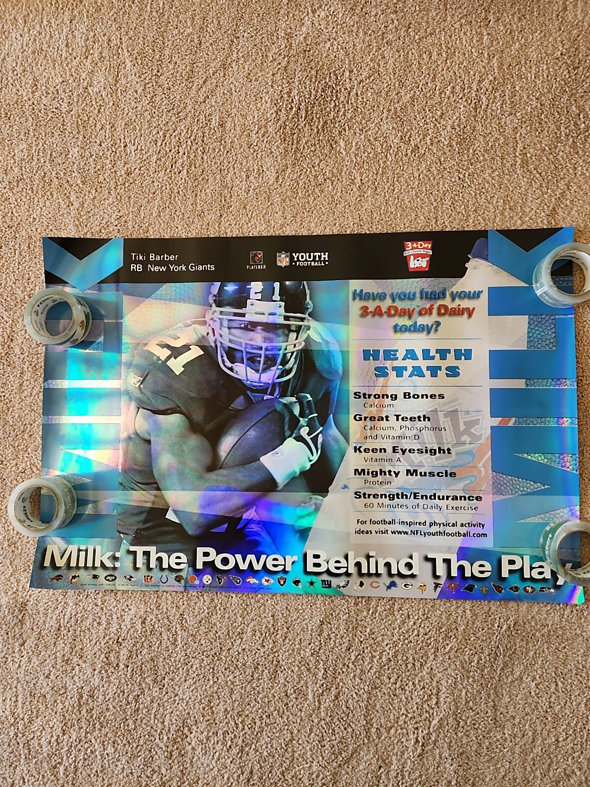 Tiki Barber 'Milk: The Power Behind The Play' 3-A-Day / NFL Youth Football poster (Giants)