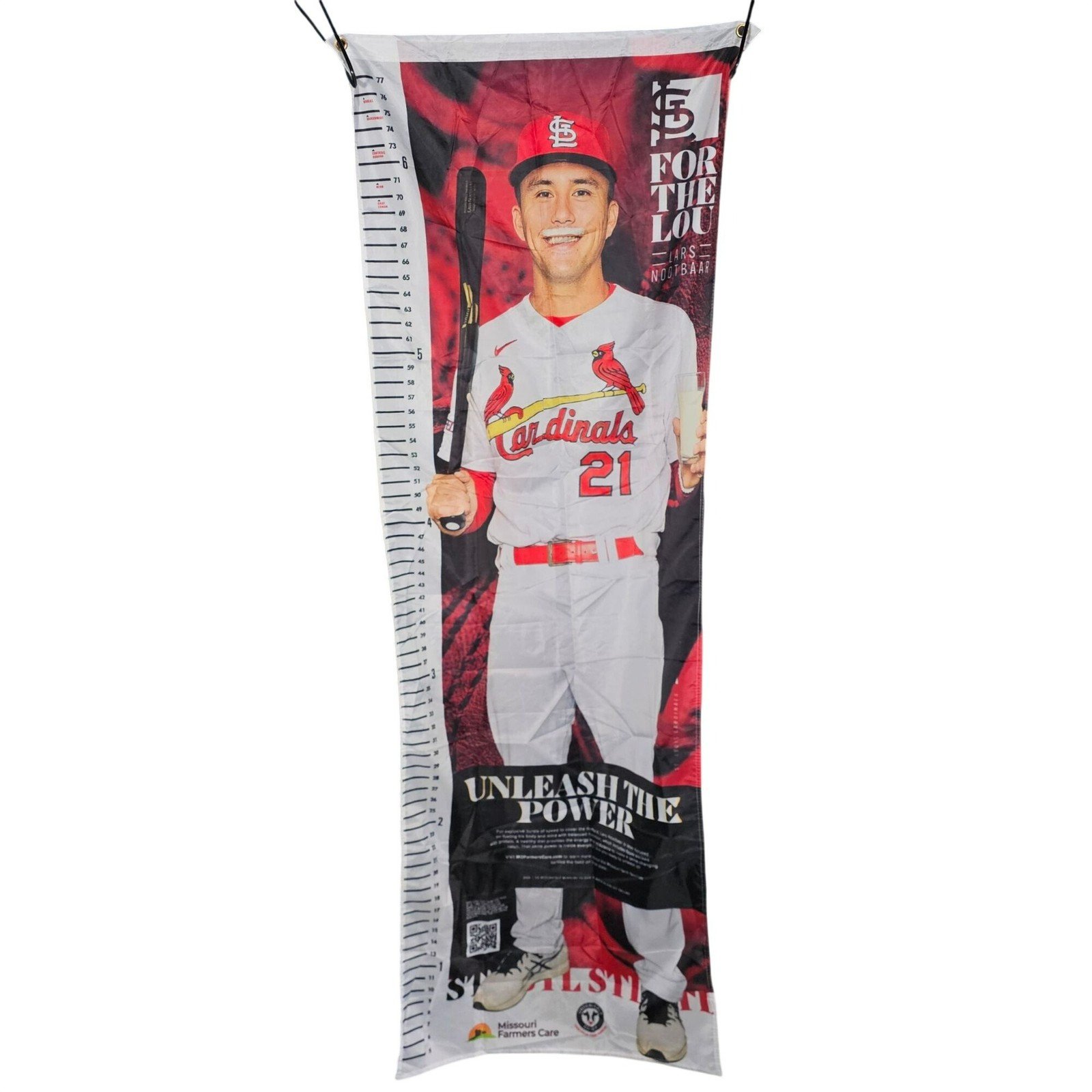 Lars Nootbaar 'For The Lou / Unleash The Power' milk-mustache growth-chart banner (Cardinals)