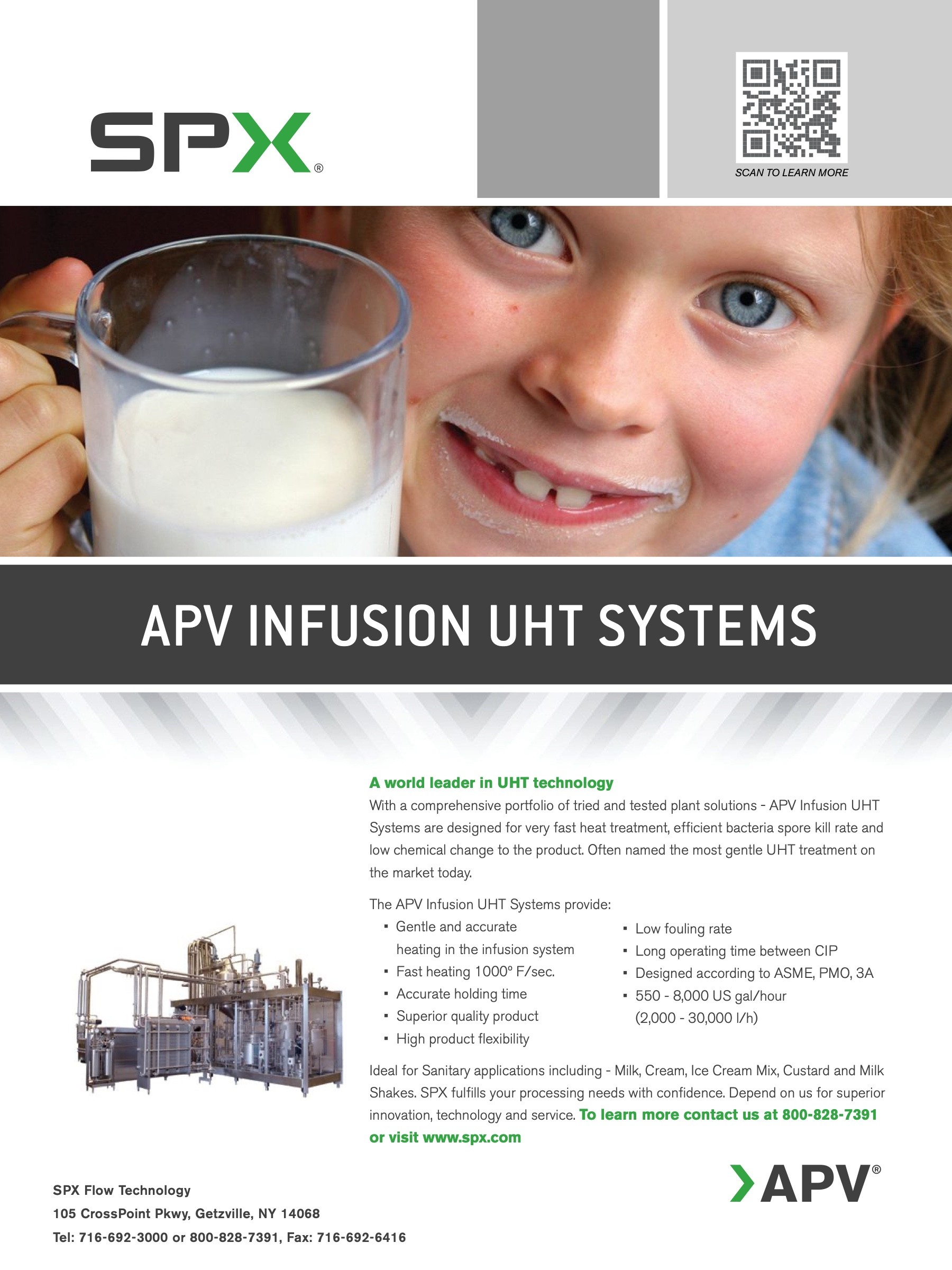 “APV Infusion UHT Systems” — SPX ad with a child’s milk mustache